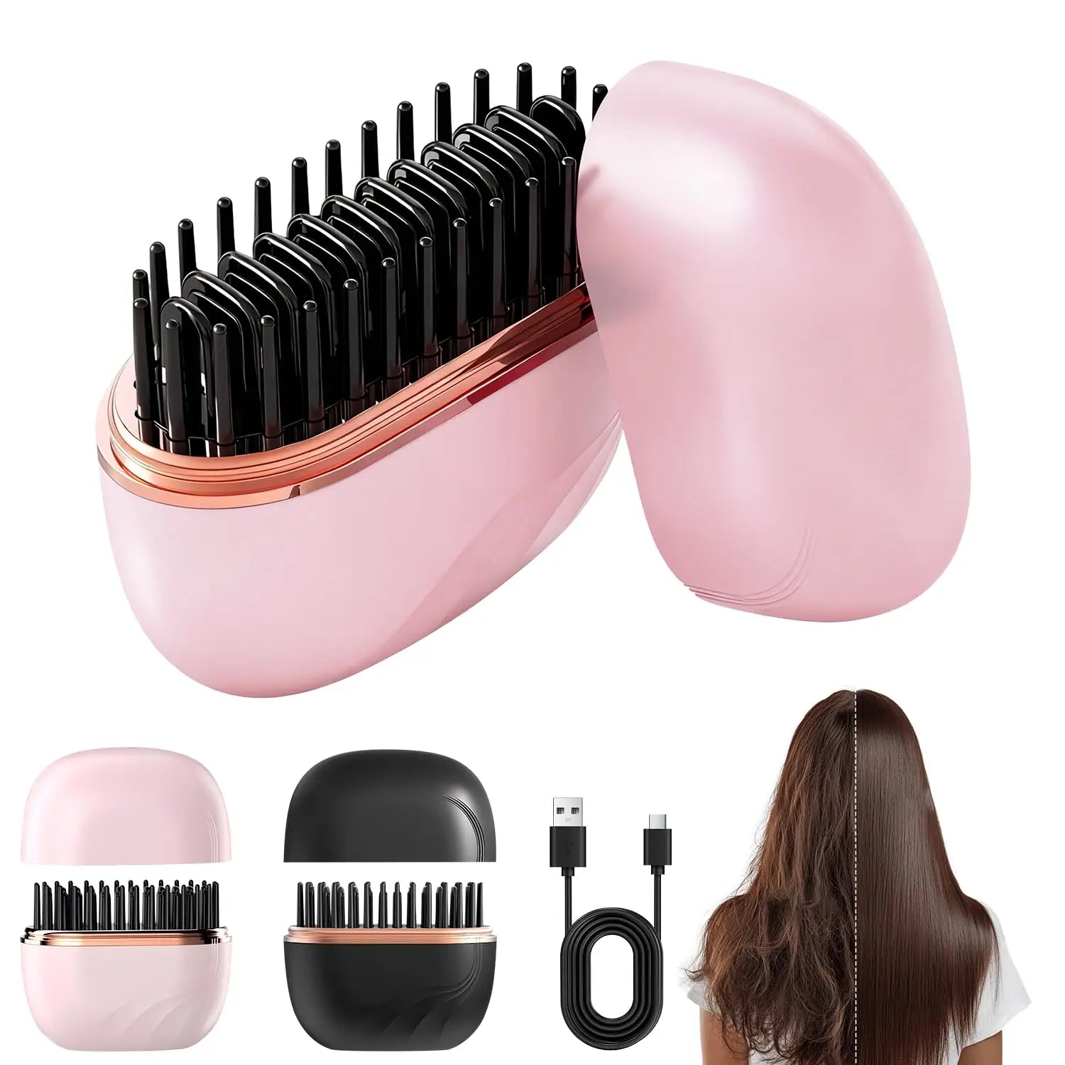 Mini cordless hair straightener brush in pink and black, front view